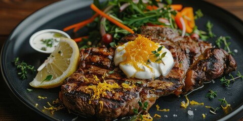 Wall Mural - Grilled ribeye steak garnished with citrus zest and accompanied by vegetables and sour cream.