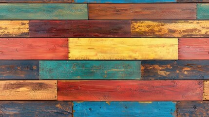 Wall Mural - A vibrant wooden wall featuring a patchwork of colorful planks in red, blue, yellow, and brown tones, showcasing a rustic and artistic design.