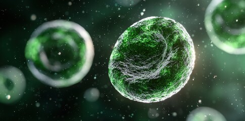 Poster - Glowing green cells in a microscopic world