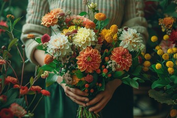 Wall Mural - A woman is holding a bouquet of flowers