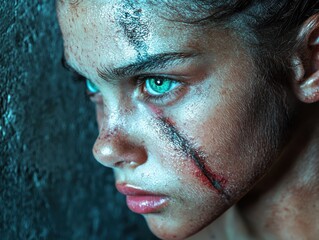 Poster - Closeup portrait of a young person with a serious expression and facial injuries