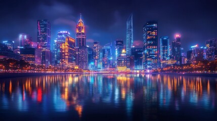 Poster - A city skyline illuminated with bright lights and reflections on a river, capturing the vibrant nightlife and urban glow against a dark night sky.