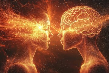 Canvas Print - Two Glowing Human Silhouettes Facing Each Other with Fiery Brain Connections Depicting Communication and Energy Transfer