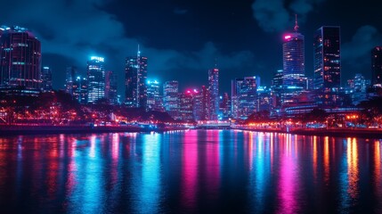 Poster - A city skyline illuminated with bright lights and reflections on a river, capturing the vibrant nightlife and urban glow against a dark night sky.