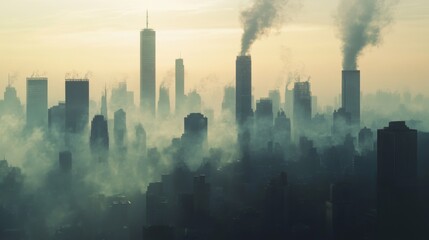 A city skyline with hazy, polluted air and smog covering the buildings, emphasizing the connection between urban pollution and global warming.