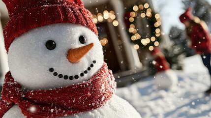 Poster - Festive snowman with red scarf and hat in snowy winter scene