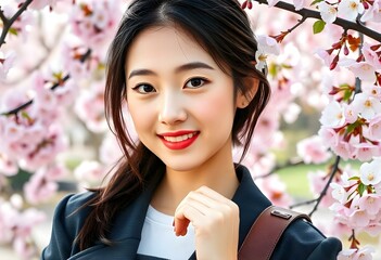 Elegant Young Woman Smiling Against a Soft Pink Background