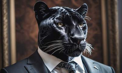 Wall Mural - a black panther wearing a suit and tie stares intently at the camera