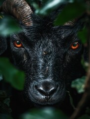 Wall Mural - Close-up of a black goat's face with striking orange eyes