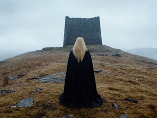 Wall Mural - mysterious figure in black cloak standing before ancient castle ruin