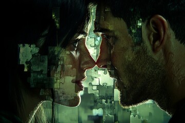 Poster - A Couples Faces Dissolving into Puzzle Pieces Depicting the Complexity of Relationships and Emotional Connections