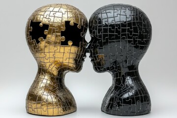 Poster - Metallic Gold and Black Puzzle Heads Facing Each Other Depicting the Duality of Wealth Power and Human Intellect