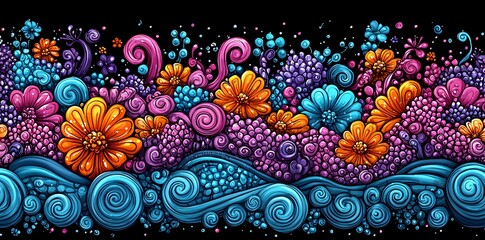 Wall Mural - Vibrant Floral Doodle with Swirls and Waves