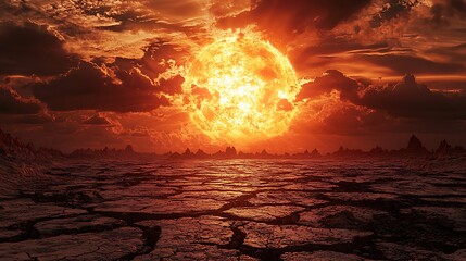 A Fiery Sunset Over a Cracked Earth Landscape, Creating a Dramatic and Intense Visual