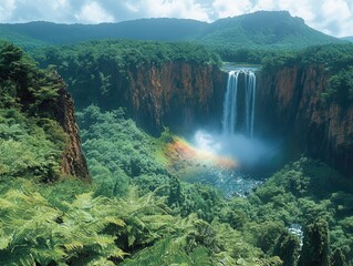 Wall Mural - Aerial view of a majestic waterfall plunging into a lush, green valley with a vibrant rainbow arching across the mist, set against a mountainous backdrop