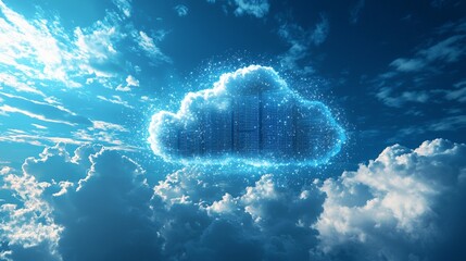 Wall Mural - deployment of cloud computing solutions, servers rising into the sky, becoming a part of a digital c