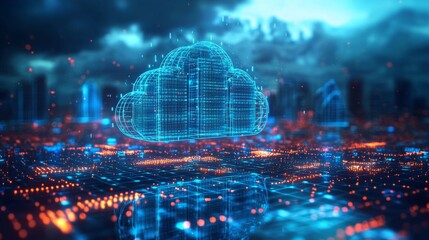 Wall Mural - deployment of cloud computing solutions, servers rising into the sky, becoming a part of a digital c