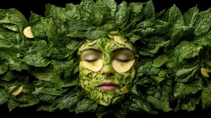 Canvas Print - green face made of leaves and fruit