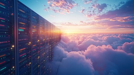 deployment of cloud computing solutions, servers rising into the sky, becoming a part of a digital c