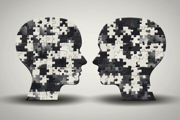 Poster - Black and White Puzzle Heads Depicting the Contrast and Connection Between Different Perspectives and Cognitive Processes