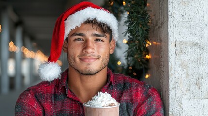 man in santa hat enjoying holiday drink