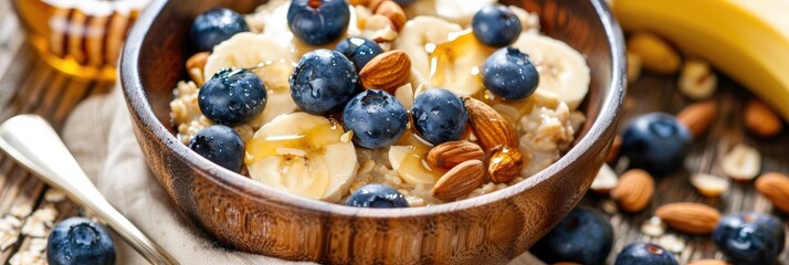 Poster - Blueberry, banana, almond, and honey oatmeal with fresh nuts for breakfast