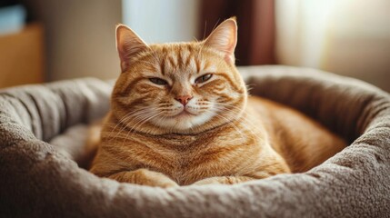 Wall Mural - A close-up of a fat, happy cat sitting in a comfy cat bed, with its round belly visible and a peaceful expression on its face, showcasing its contentment.