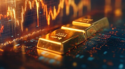 Leinwandbilder - A close-up of a gold bar with a background of a financial graph showing historic gold price trends, combining tangible assets with market analysis.
