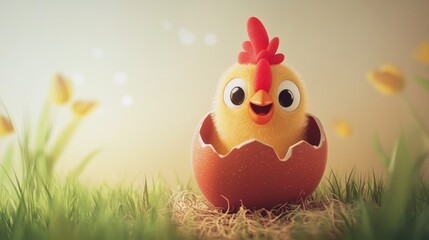 Wall Mural - Adorable 2D cartoon chicken peering from an egg Whimsical Easter decoration Simple festive theme