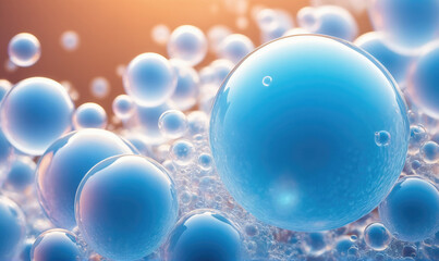 A close-up image of many blue spheres floating on a white surface, the light catching the spheres to create a hazy effect