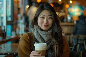 Wall Mural - A woman with long hair is sitting at a table with a cup of coffee