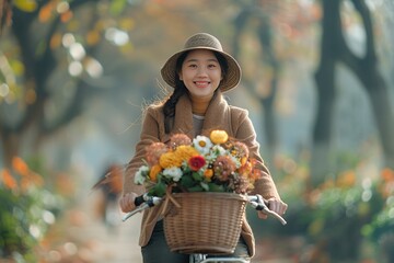 Wall Mural - A woman is riding a bicycle with a basket full of flowers