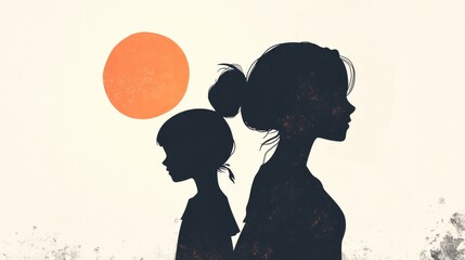 2D cartoon style illustration featuring the silhouette of a young girl and her mother