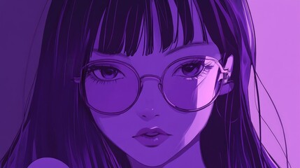 Wall Mural - 2D cartoon style anime girl in shades of purple Hand drawn illustration