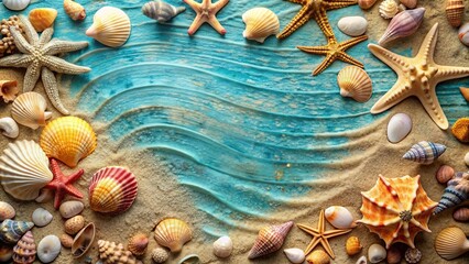 Seashells and starfish arranged in a beautiful ocean-themed display, seashells, starfish, arrangement, beach, summer, ocean