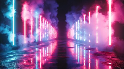 3D rendering of an empty background scene featuring a dark street reflecting on wet asphalt illuminated by rays of neon light and abstract shapes amidst smoke