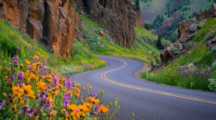 A close-up of a mountain road with smooth, curving asphalt, flanked by blooming wildflowers and rocky outcrops, highlighting the scenic details of the route.