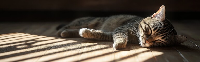 Wall Mural - 3D rendering of a female cat resting in the shadow of sunlight on a wooden floor