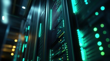 High-tech server racks in a modern data center. The sleek metallic towers are stacked neatly, glowing with green and blue lights against a dark background.