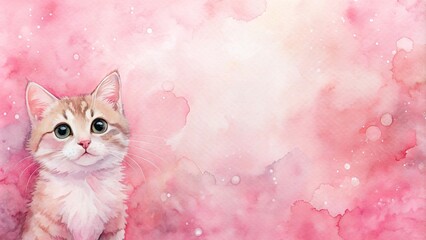 Wall Mural - Pink watercolor background with a cute cat , cat, pink, watercolor, background, feline, animal, cute,art, pastel, vibrant