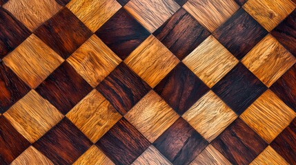 Wall Mural - Wooden floor with a checkered pattern, featuring various shades of brown and golden wood tiles arranged in a diagonal layout.