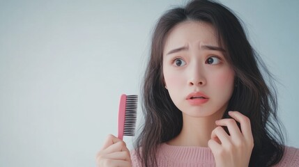 Concerned Asian Woman Experiencing Hair Loss: Postpartum Alopecia and Thinning Hair Concept. Young Female Examining Fallen Strands on Hairbrush, Worried About Baldness. Health, Beauty, and Hair Care P