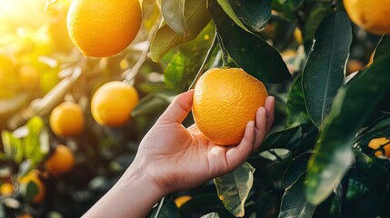 Vibrant Close-Up of Hand Picking Juicy Orange from Lush Tree Under Sunny Sky - Perfect for Brightening Up Any Sports Interior as a Poster!