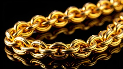 Unique gold necklace isolated on black background, macro closeup showing yellow chain links detail, gold, necklace