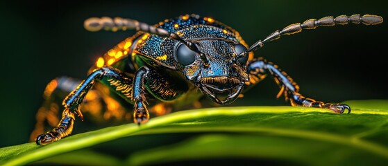 Wall Mural - Close-up Macro Photography of a Metallic Blue and Green Beetle on a Green Leaf