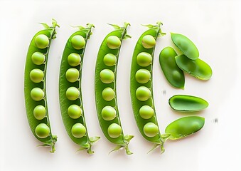 Top view green pea isolated on white background. The overall color scheme is soft and bright champagne, with professional studio lighting creating strong light and shadow effects