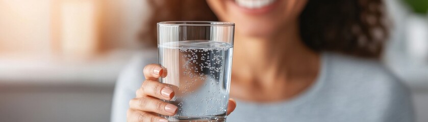 A joyful person holding a glass of refreshing water, promoting hydration and healthy living in a bright indoor setting.