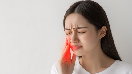 Wall Mural - 240805 191. A woman having pain at cheek in home. Buccal region inflamed due to trigeminal neuralgia and teeth clenching longtime. Health and medical concept isolated on white background,png