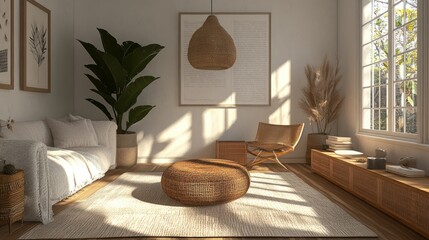 Wall Mural - Cozy Living Room with Woven Furniture and Natural Light