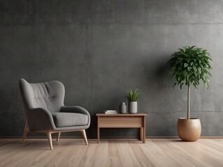 Sticker - Grey Armchair in a Modern Living Room with Concrete Wall and Wooden Table